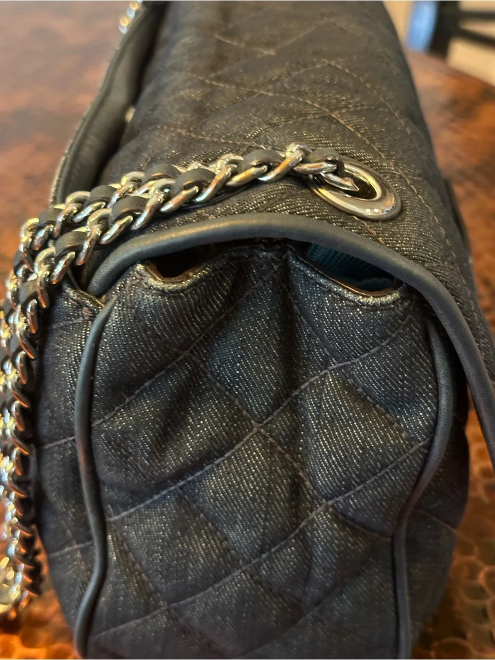Michael Kors Sloan Large Quilted Denim Shoulder Bag with Silver Chain